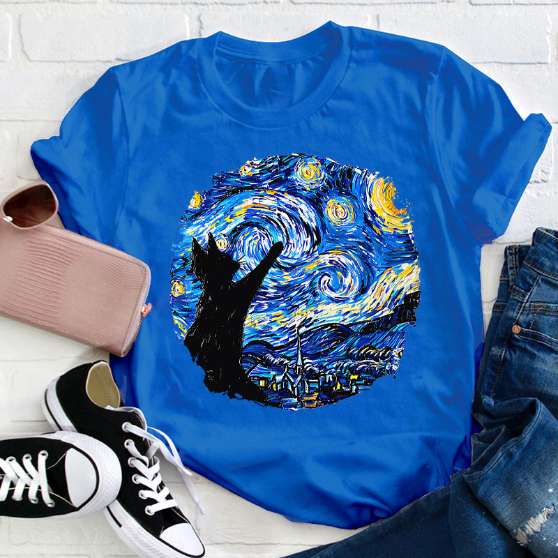 Starry Night And Cat Teacher T-Shirt