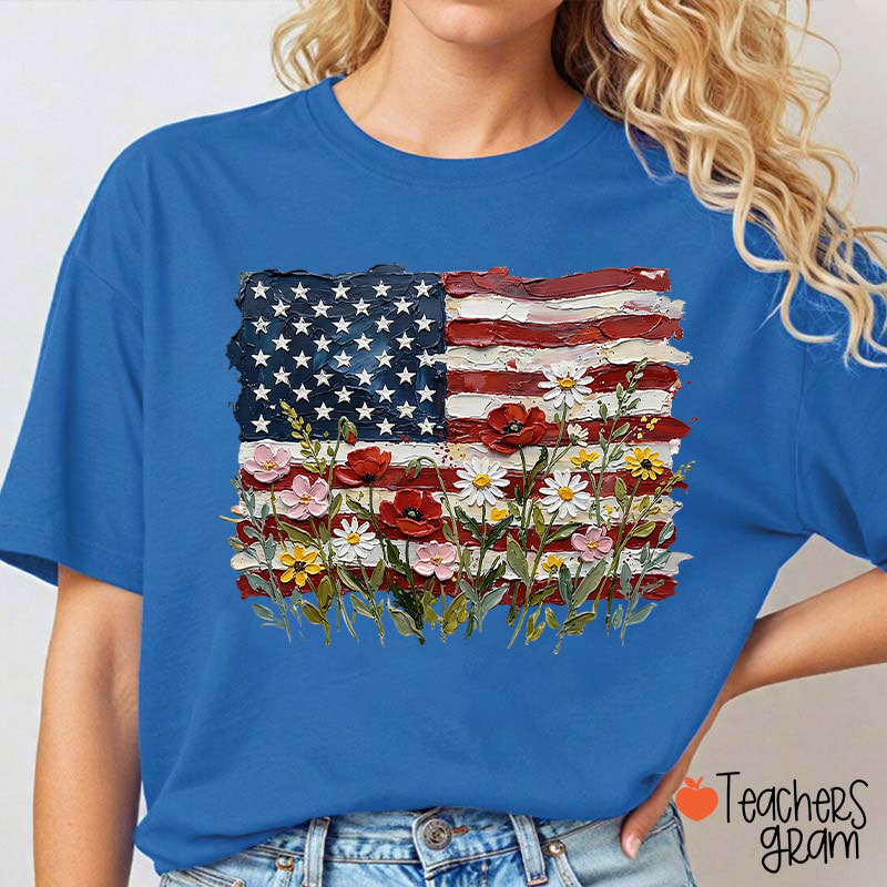 American Flag Floral Teacher T-Shirt