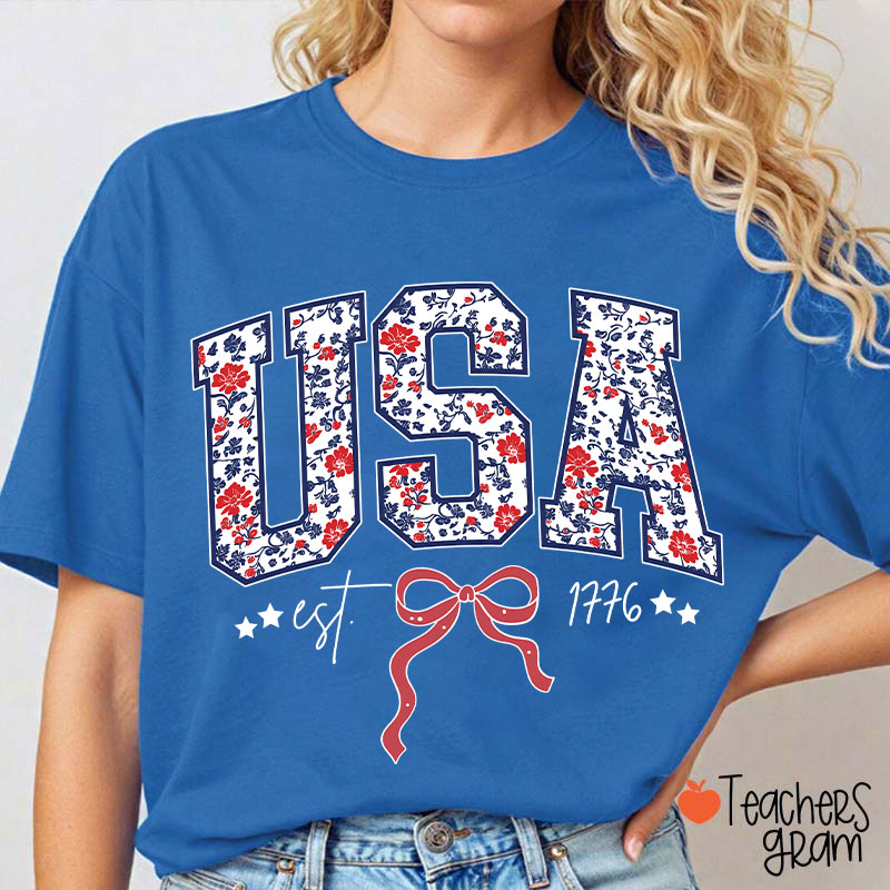 Floral USA Coquette Patriotic Teacher T-Shirt