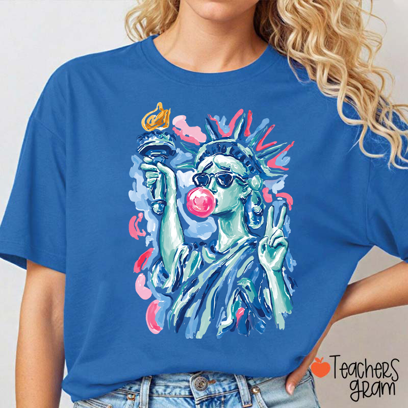 Preppy Statue Of Liberty Blowing Bubble Teacher T-Shirt