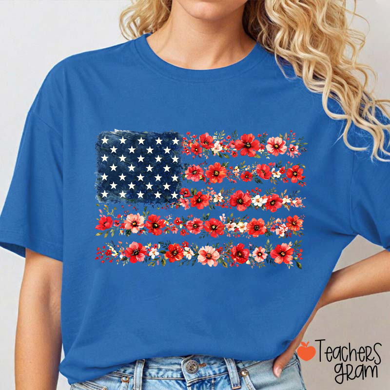American Flag Wild Flower Teacher T-Shirt