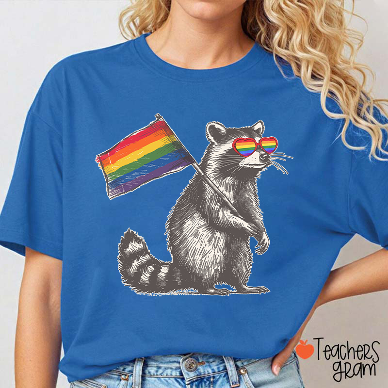 Funny Raccoon Rainbow Flag Pride Teacher T-Shirt