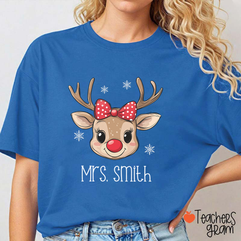Personalized Name Cute Bow Reindeer Teacher T-Shirt