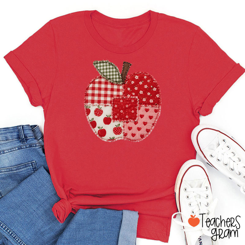 Vintage Patchwork Apple Gingham Floral Heart Teacher Graphic Teacher T-Shirt