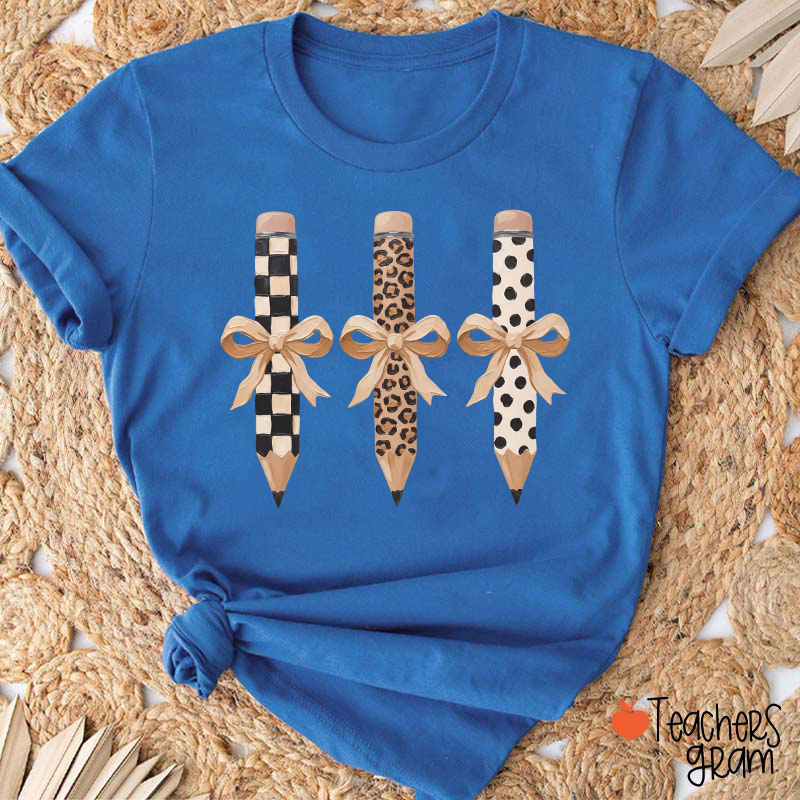 Checkerboard Leopard And Polka Dot Bow Pencil Teacher T-Shirt