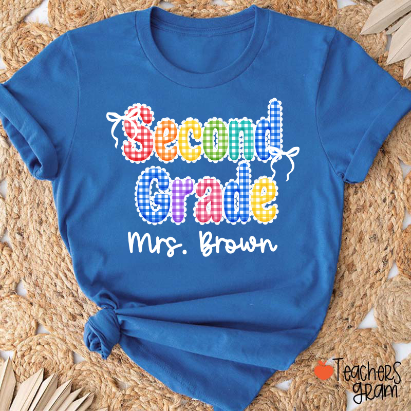 Personalized Grade Name Rainbow Gingham Teacher T-Shirt