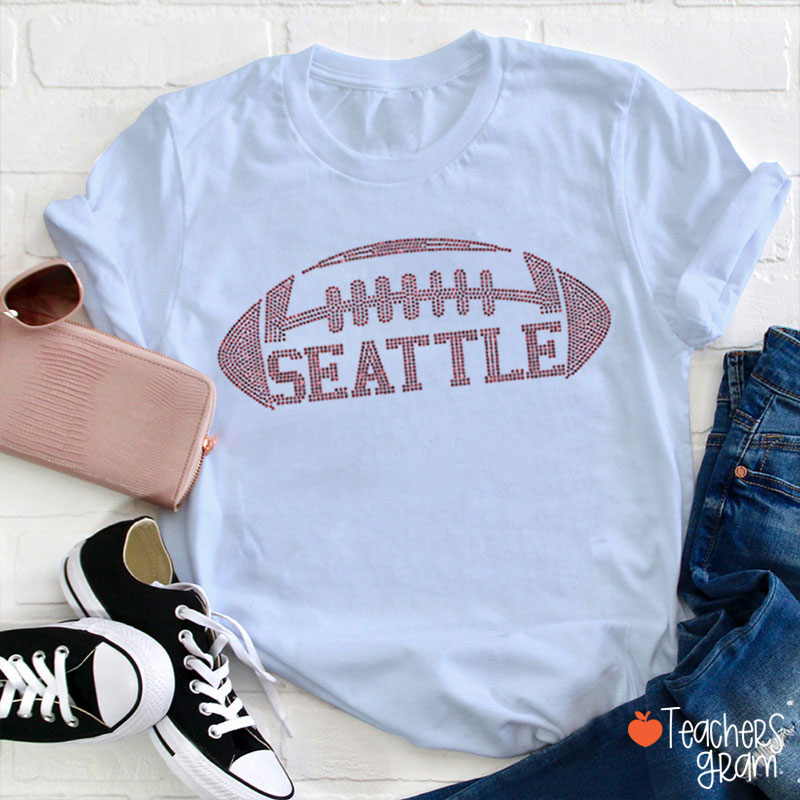 Personalized Color Text Football Sparkling Teacher T‑Shirt