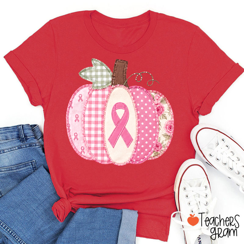 Pink Faux Patchwork Pumpkin Ribbon Teacher T‑Shirt