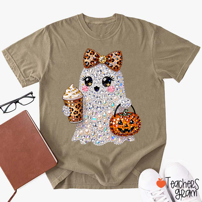 Faux Rhinestone Ghost Leopard Bow Coffee Pumpkin Teacher T-Shirt