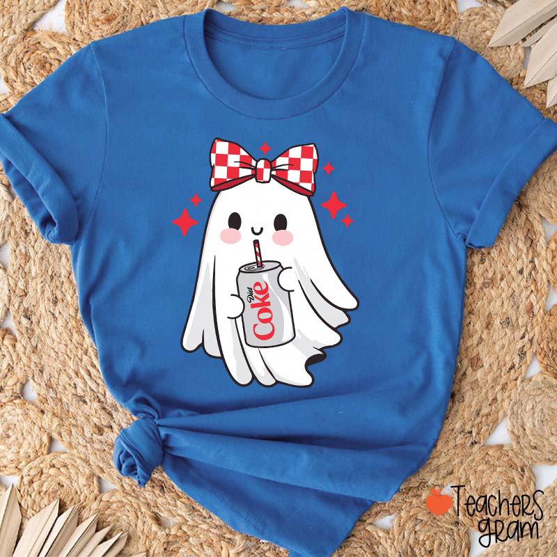 Cute Ghost With Red Checkered Bow Soda Drink Halloween Teacher T-Shirt