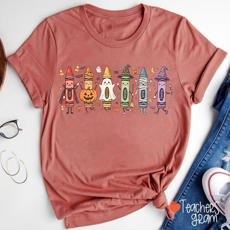 Halloween Cartoon Crayons Character Teacher T-Shirt