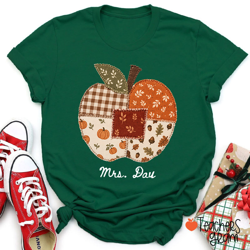 Personalized Name Faux Patchwork Punkpkin Teacher T-Shirt