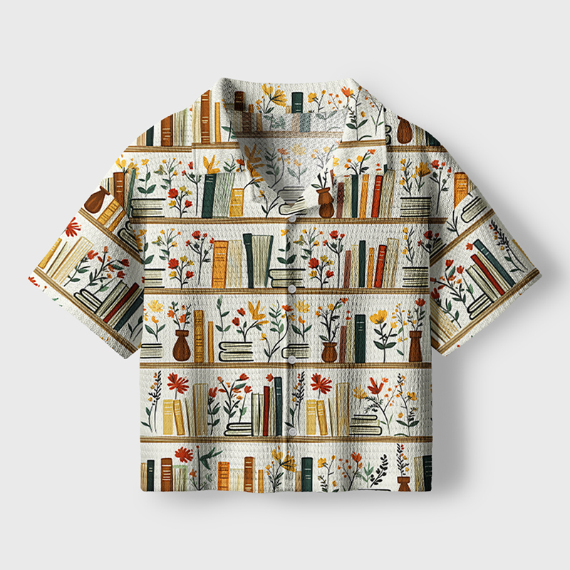 Retro Flowers Books Teacher Crochet Crop Camp Shirt