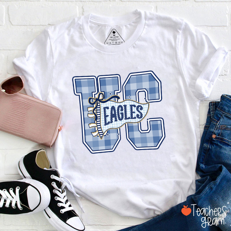Personalized Mascot Gingham Varsity Letter Bow Teacher T-Shirt