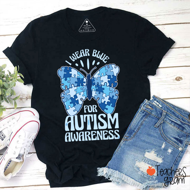 Butterfly Puzzle I Wear Blue For Autism Awareness Teacher T-Shirt