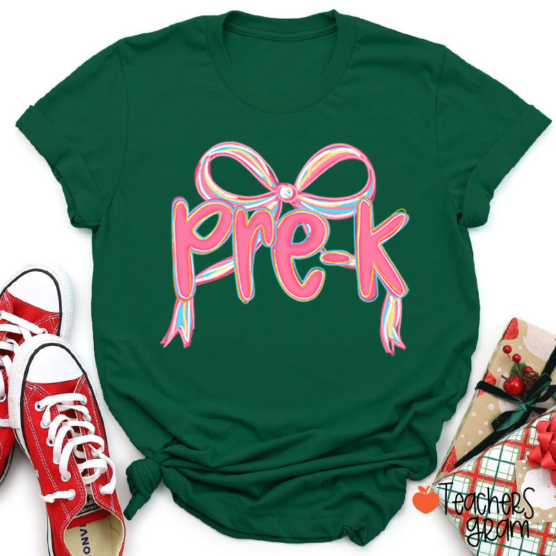Personalized Grade Pink Bow Teacher T-Shirt