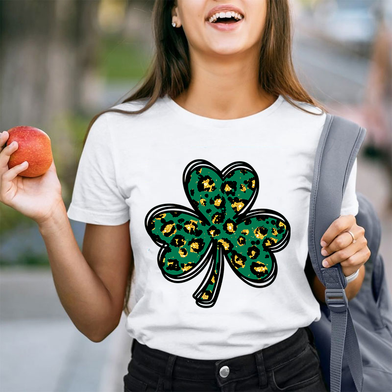 Leopard Glitter Shamrock Teacher T-Shirt