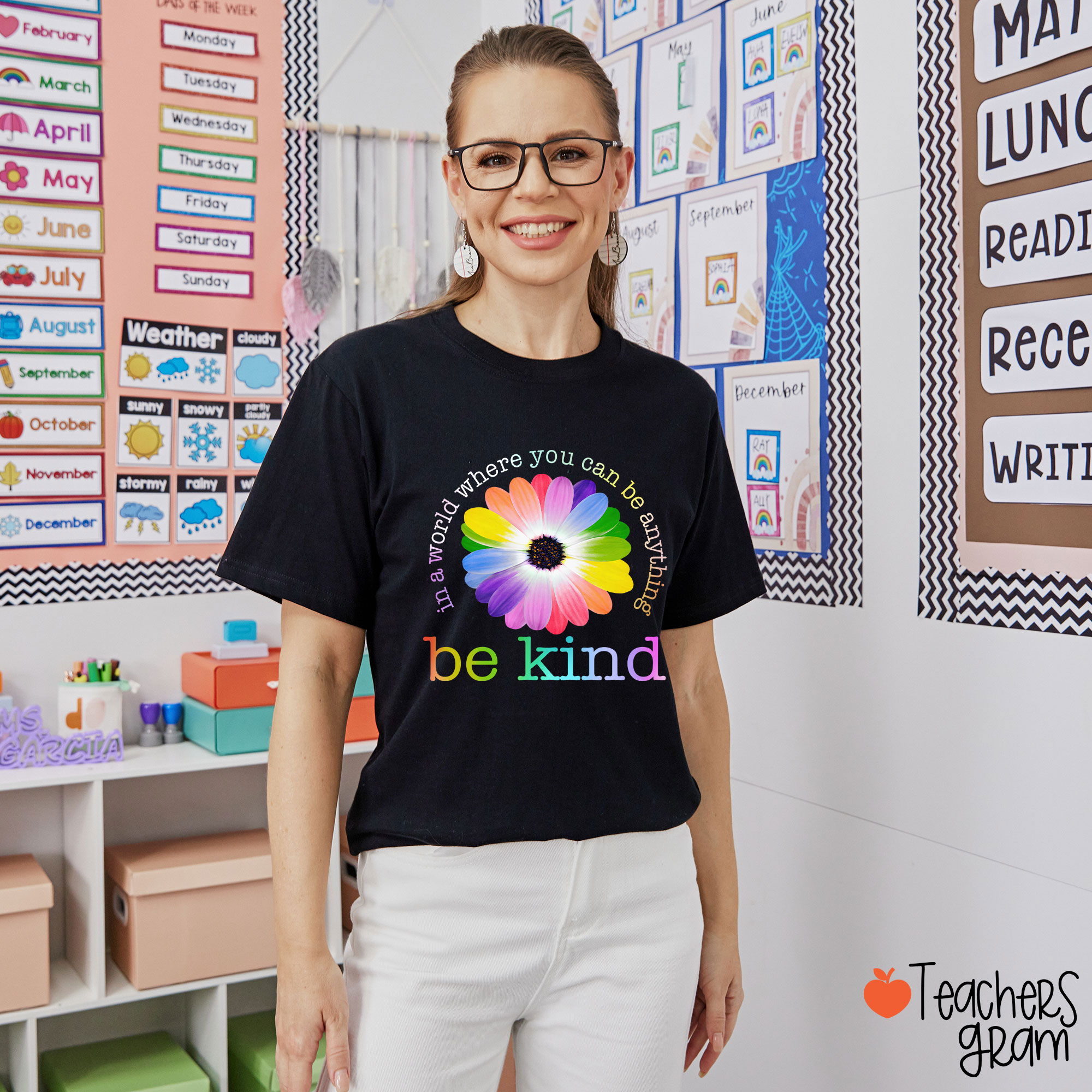 Colorful Daisy In A World Where You Can Be Anything Be Kind Teacher T-Shirt