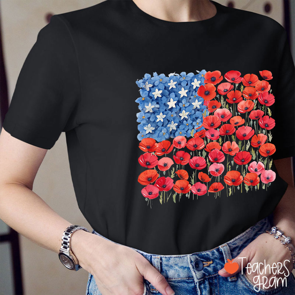 Floral USA Flag 250th Anniversary Teacher T-Shirt