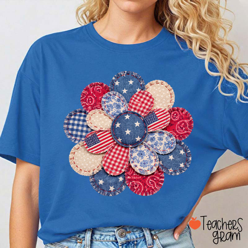 Faux Patchwork American Flag Flower Teacher T-Shirt