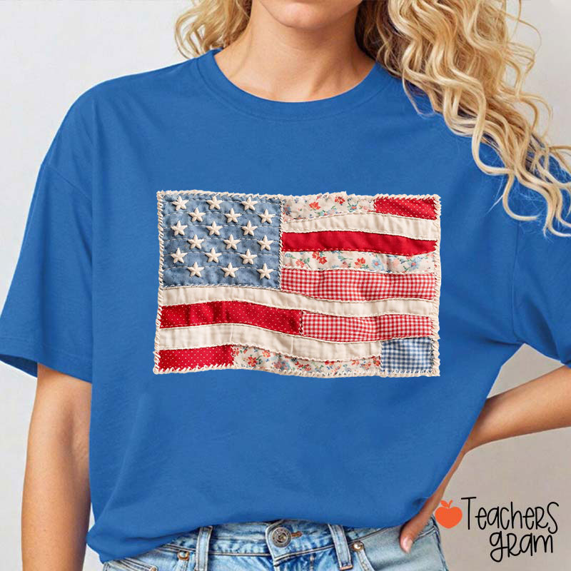 Faux Patchwork American Flag Teacher T-Shirt
