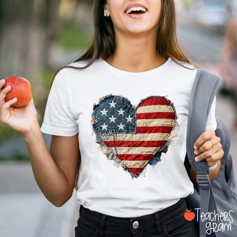 Faux Patchwork American Flag Heart Teacher T-Shirt