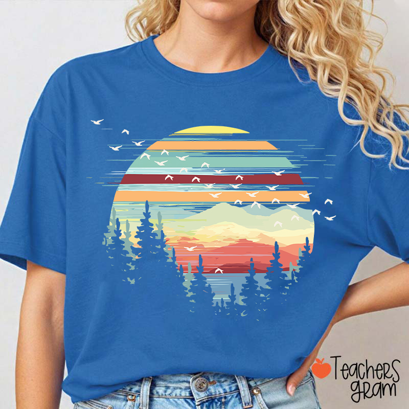 Retro Mountain Sunset Forest And Birds Teacher T-Shirt