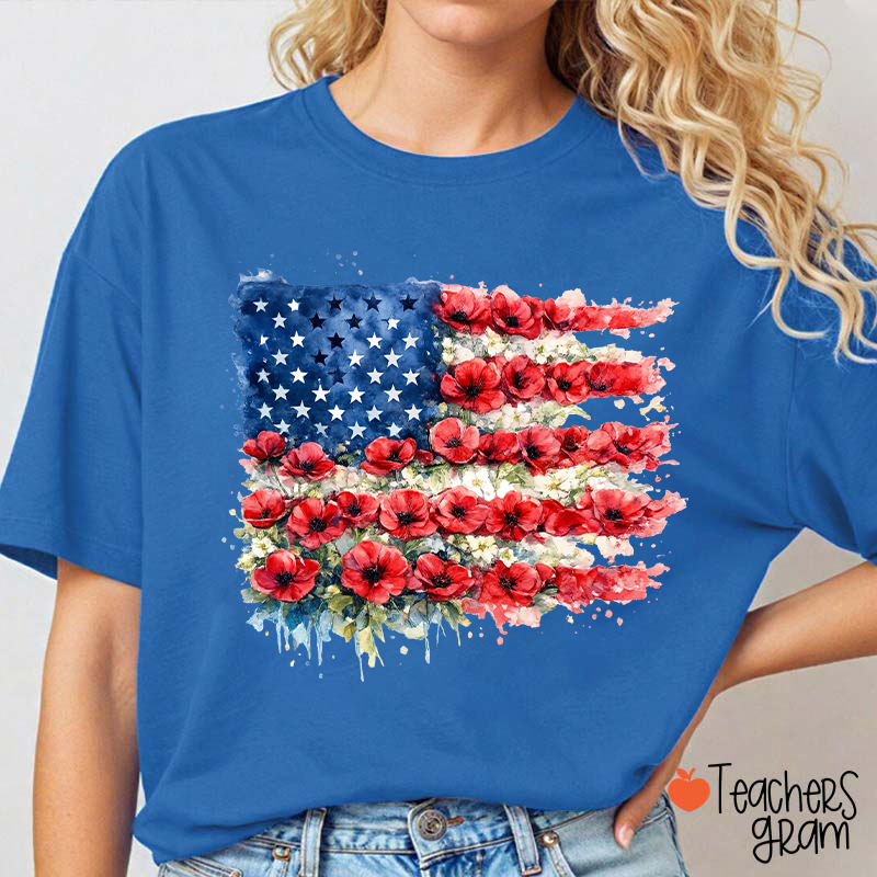 4th Of July Floral American Flag Teacher T-Shirt