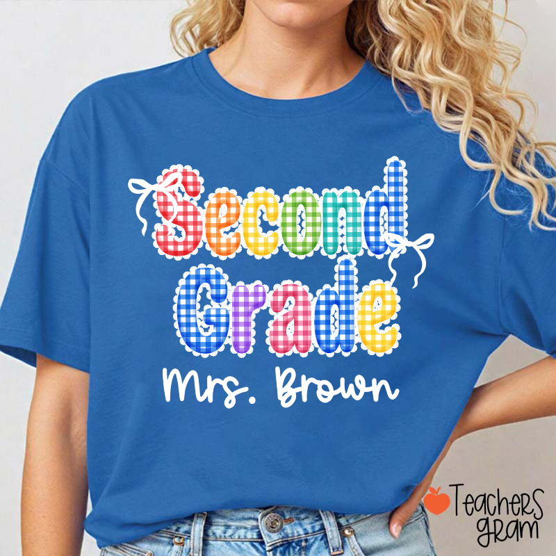 Personalized Grade Name Rainbow Gingham Teacher T-Shirt