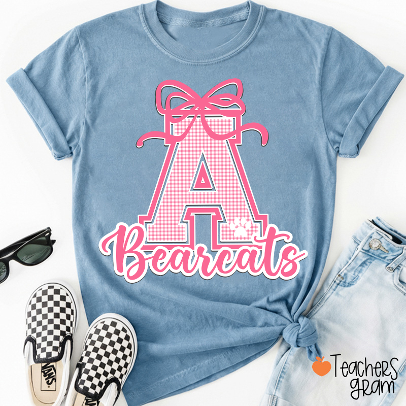 Personalized Mascot Gingham Varsity Coquette Bow Teacher T-Shirt