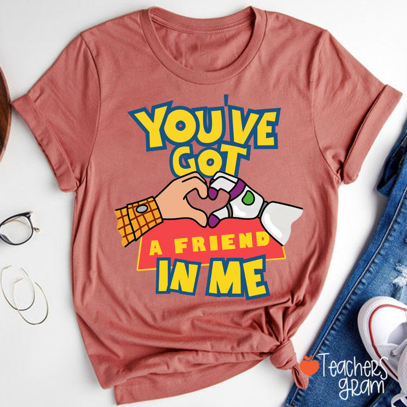 You've Got A Friend In Me Cartoon Cowboy Astronaut Hand Heart Friendship Teacher T-Shirt