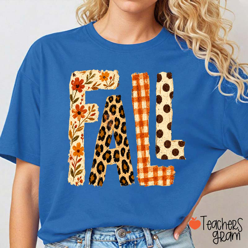 Vintage Patchwork Fall Letter Teacher T‑Shirt