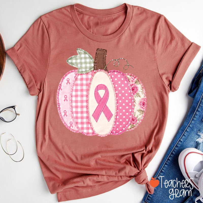Pink Faux Patchwork Pumpkin Ribbon Teacher T‑Shirt