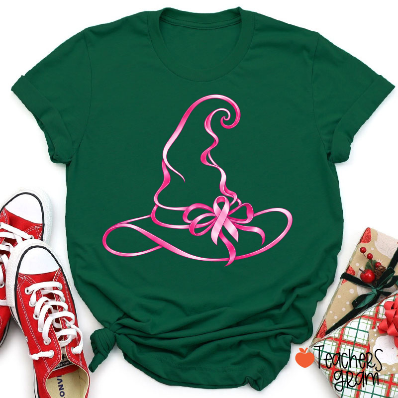Halloween Witch Hat Pink Ribbon Breast Cancer Support Teacher T‑Shirt