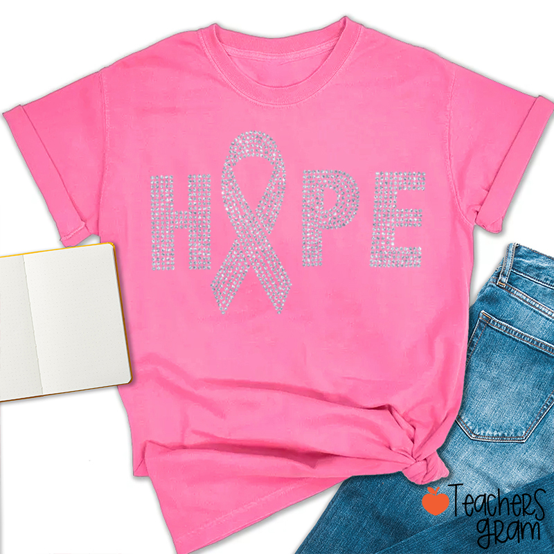 Hope Ribbon Faux Glitter Breast Cancer Awareness Teacher T‑Shirt