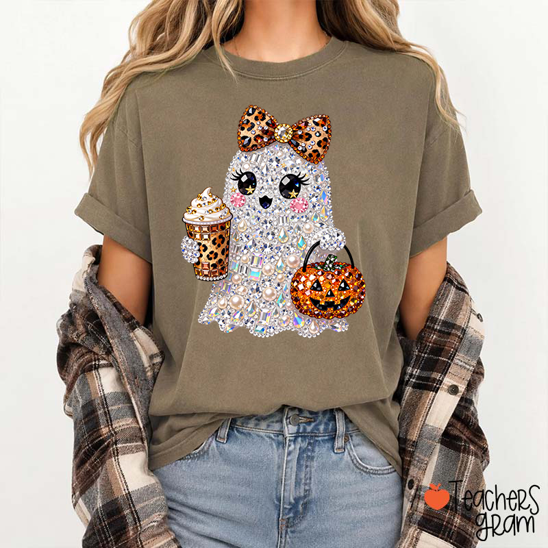 Faux Rhinestone Ghost Leopard Bow Coffee Pumpkin Teacher T-Shirt