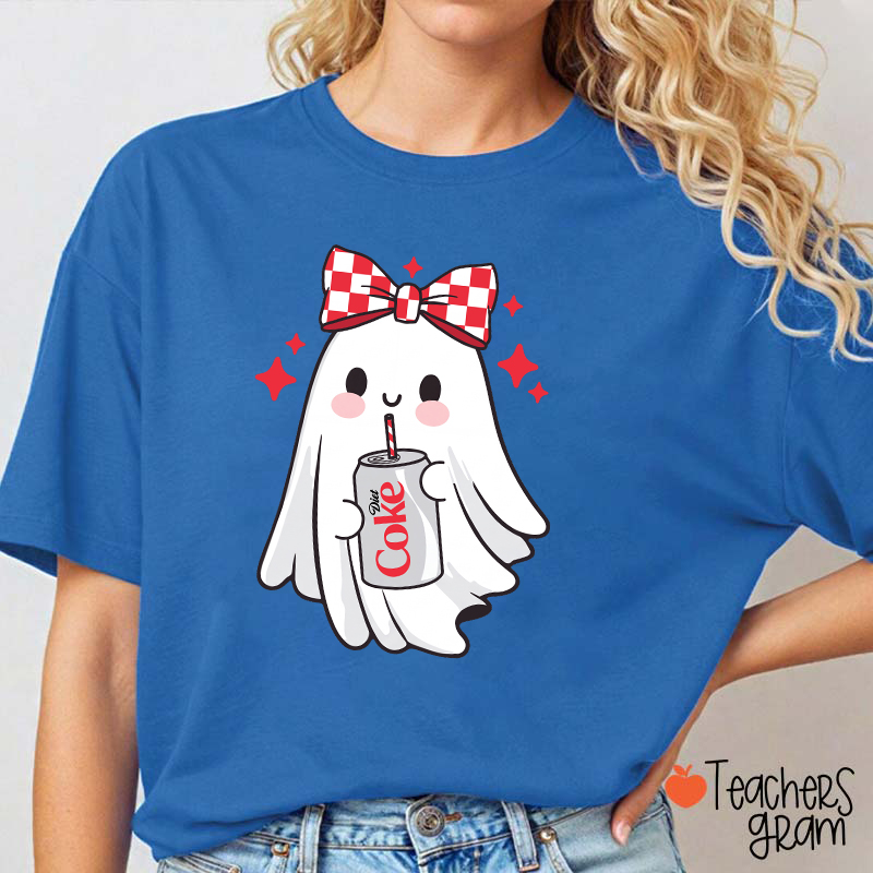 Cute Ghost With Red Checkered Bow Soda Drink Halloween Teacher T-Shirt
