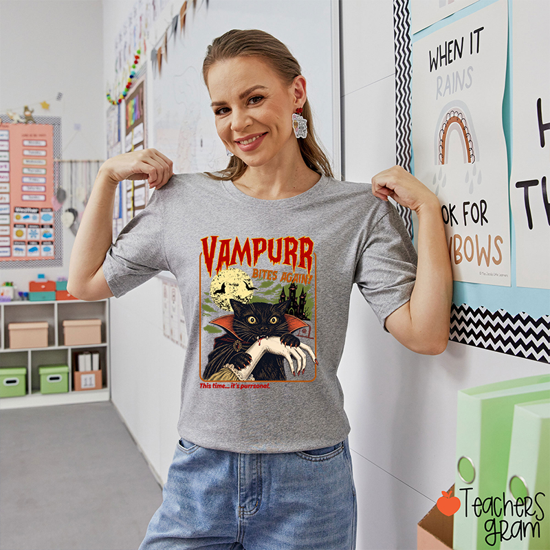 Vampurr Bites Again Vampire Black Cat Halloween Teacher T-Shirt