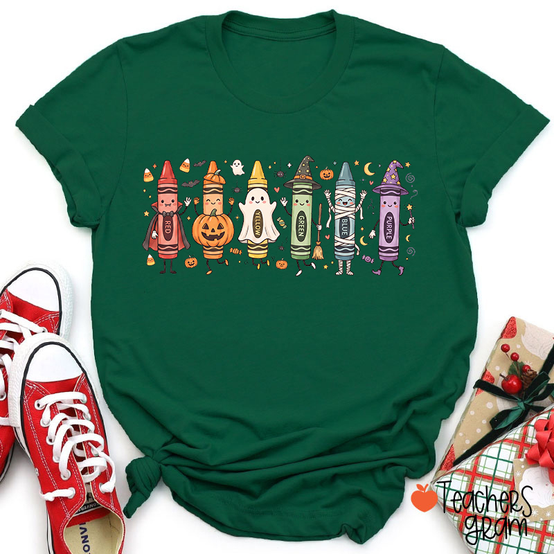 Halloween Cartoon Crayons Character Teacher T-Shirt