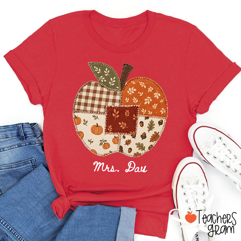 Personalized Name Faux Patchwork Punkpkin Teacher T-Shirt