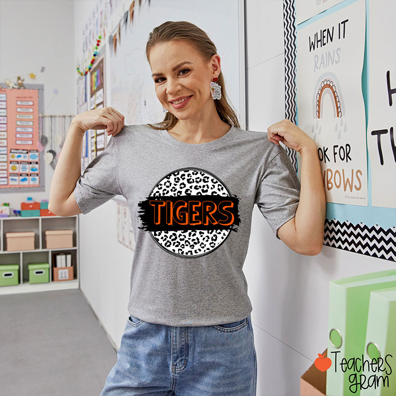 Personalized  Mascot Round Leopard Print Teacher T-Shirt