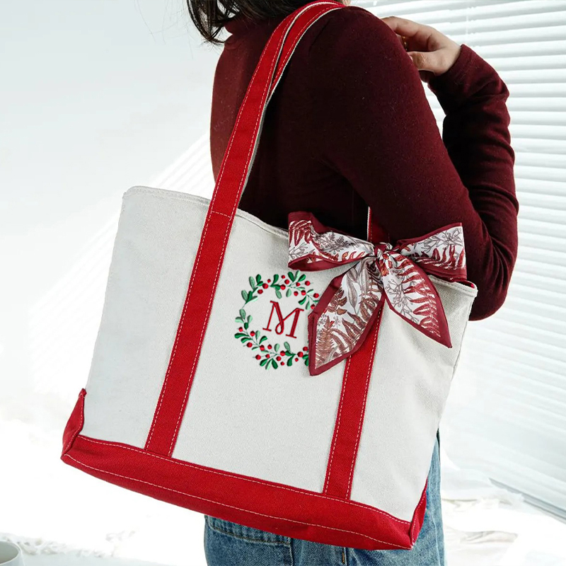 Personalized Letter Christmas Wreath Teacher Canvas Tote Bag