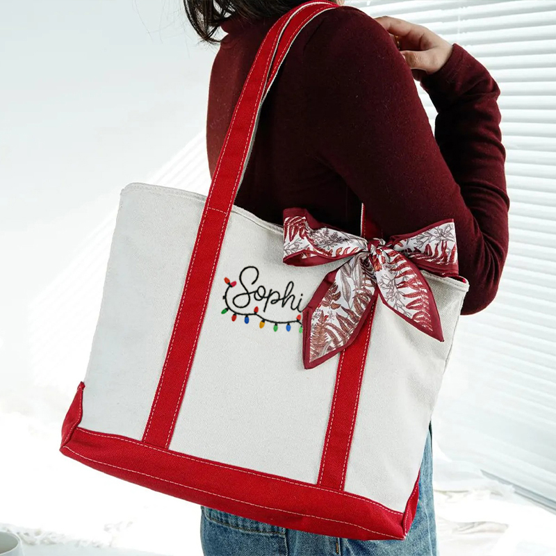 Personalized Name With Christmas Lights Teacher Canvas Tote Bag