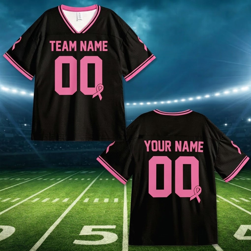 Personalized Team Name Number Pink Ribbon Teacher Mesh Jersey