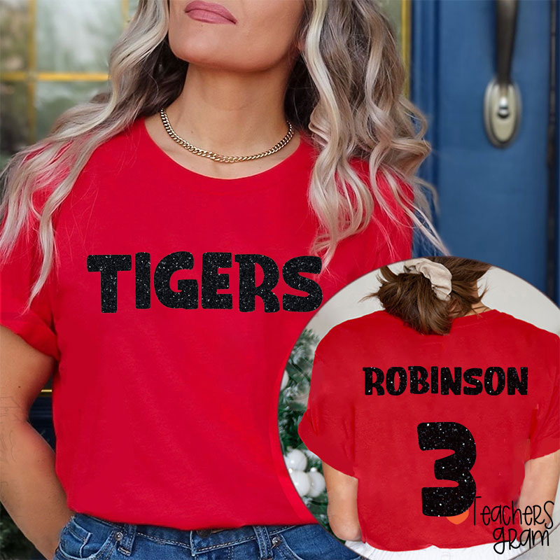 Personalized Team Name Glitter Game Day Teacher Two Sided T-Shirt