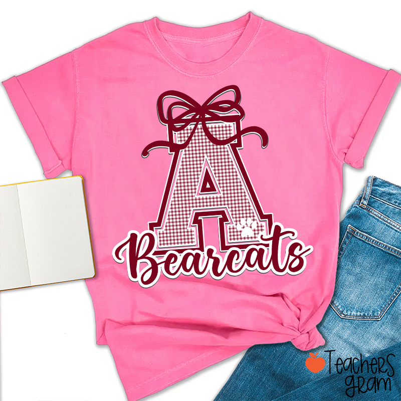 Personalized Mascot Gingham Varsity Coquette Bow Teacher T-Shirt