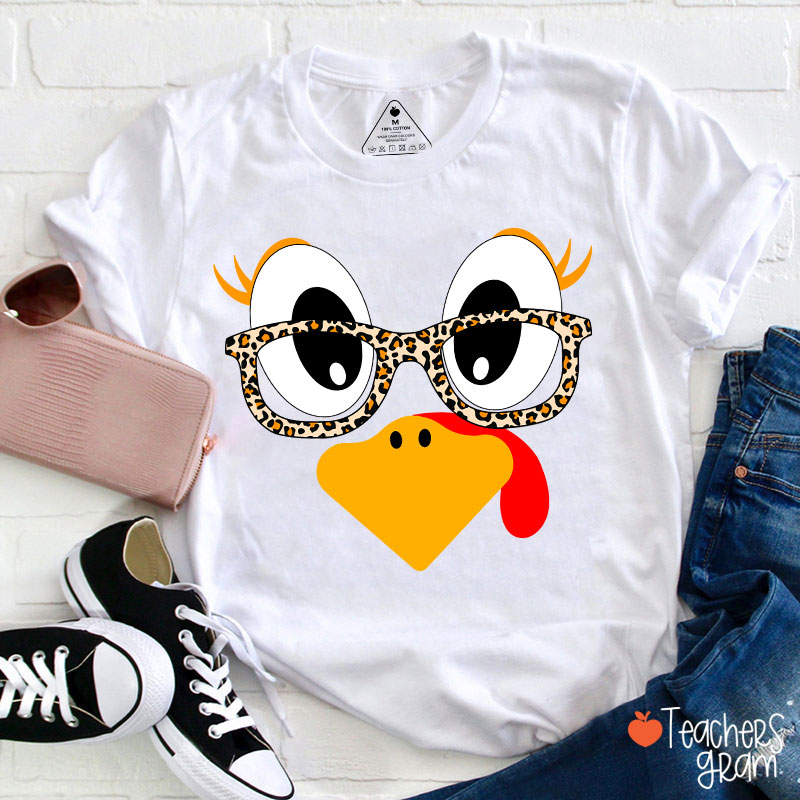 Turkey With Leopard Print Glasses Teacher T-Shirt