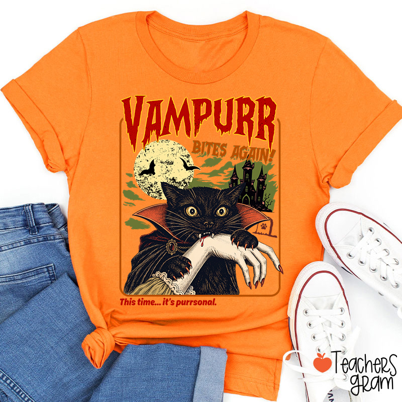 Vampurr Bites Again Vampire Black Cat Halloween Teacher T-Shirt