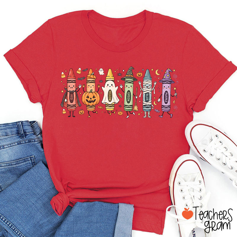 Halloween Cartoon Crayons Character Teacher T-Shirt