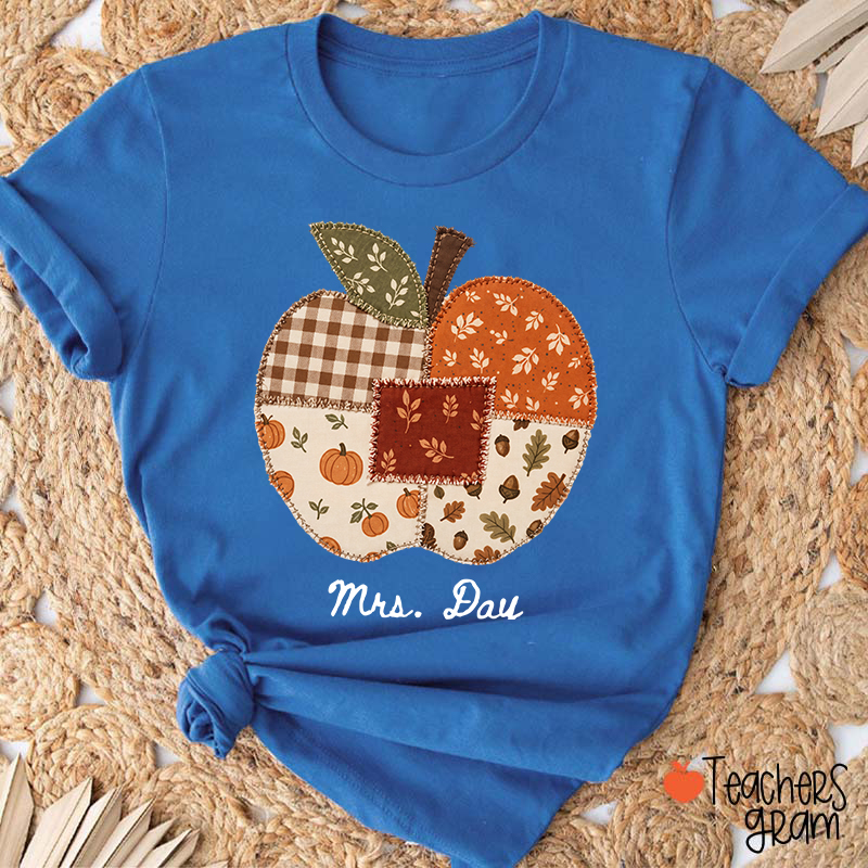 Personalized Name Faux Patchwork Punkpkin Teacher T-Shirt
